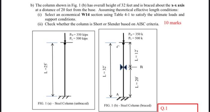 B The Column Shown In Fig 1 B Has Overall Height Of 32 Feet And Is Braced About The X X Axis At A Distance Of 20 Fee 1