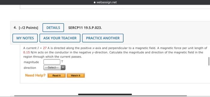Webassign Net 4 2 Points Details Sercp11 19 5 P 023 My Notes Ask Your Teacher Practice Another A Current I 27 A 1