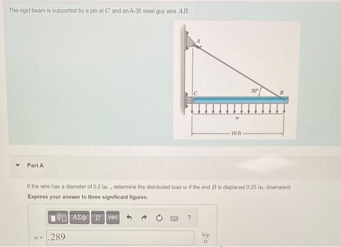 The Rigid Beam Is Supported By A Pin At C And An A 36 Steel Guy Wire Ab Part A If The Wire Has A Diameter Of 0 2in D 1
