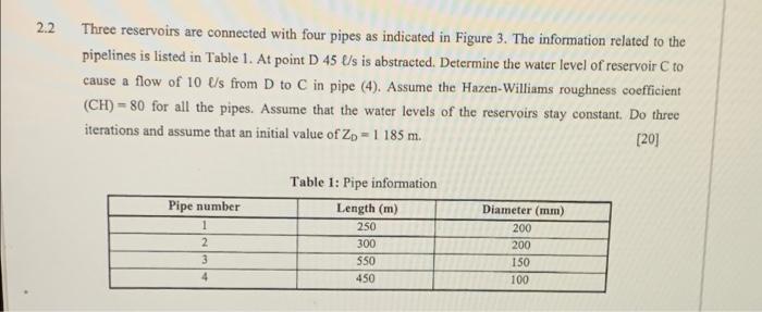 2 Three Reservoirs Are Connected With Four Pipes As Indicated In Figure 3 The Information Related To The Pipelines Is L 1