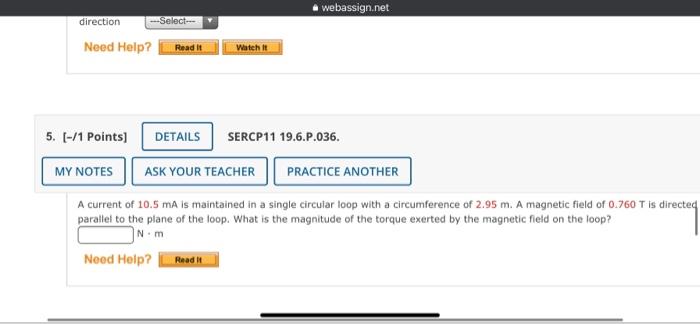 Webassign Net Direction Select Need Help Read It Watch It 5 1 Points Details Sercp11 19 6 P 036 My Notes Ask Y 1