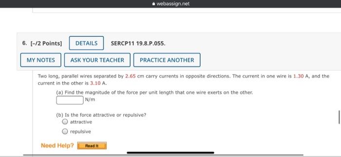 Webassign Net 6 2 Points Details Sercp11 19 8 P 055 My Notes Ask Your Teacher Practice Another Two Long Parallel 1