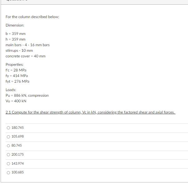 F C 28mpafy 414mpafyt 276mpa Loads Pu 886kn Compression Vu 400kn 2 1 Compute For The Shear Strength Of Column Vc In 1