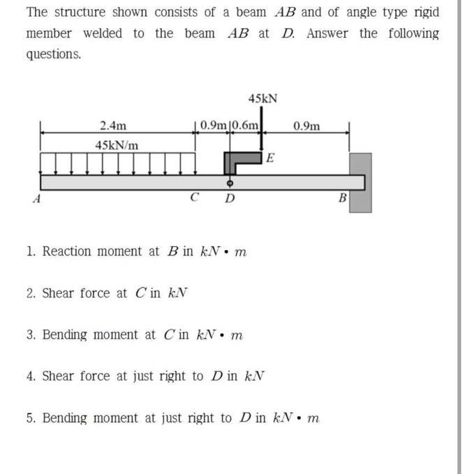 The Structure Shown Consists Of A Beam Ab And Of Angle Type Rigid Member Welded To The Beam Ab At D Answer The Followin 1