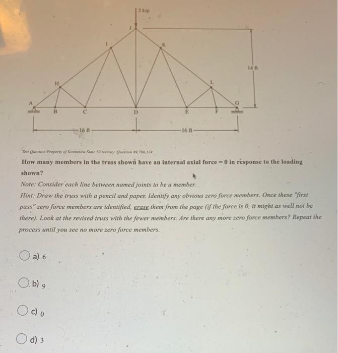 How Many Members In The Truss Shown Have An Internal Axial Force 0 In Response To The Loading Shown Note Consider Eac 1