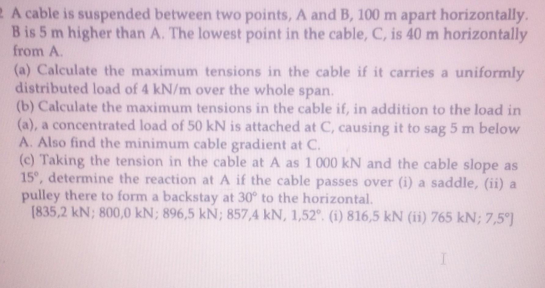 A Cable Is Suspended Between Two Points A And B 100 M Apart Horizontally B Is 5 M Higher Than A The Lowest Point In T 1