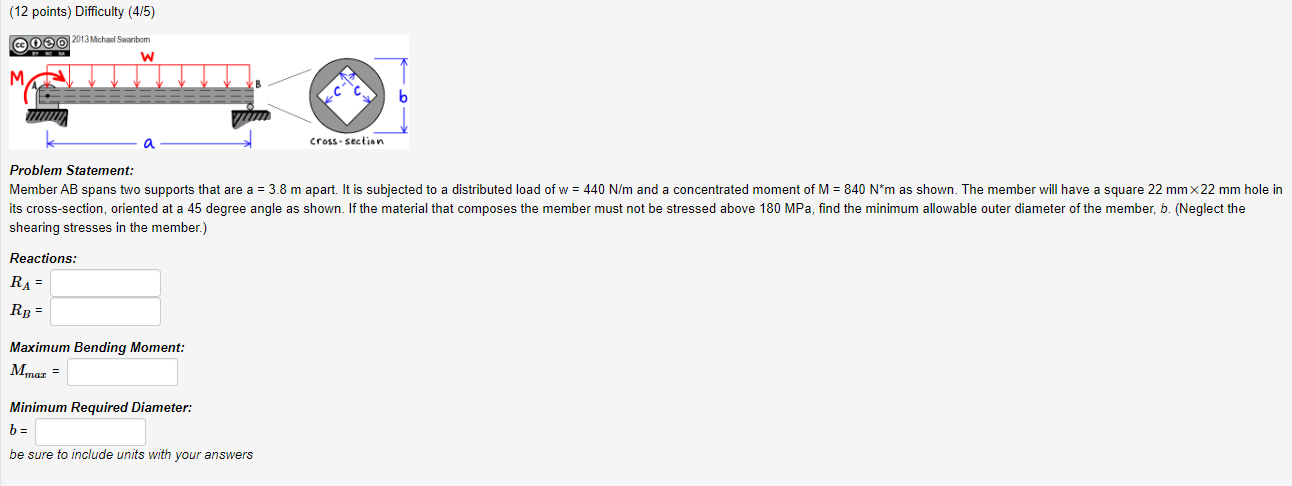 12 Points Difficulty 4 5 Problem Statement Shearing Stresses In The Member Reactions Ra Rb Maximum Bending M 1