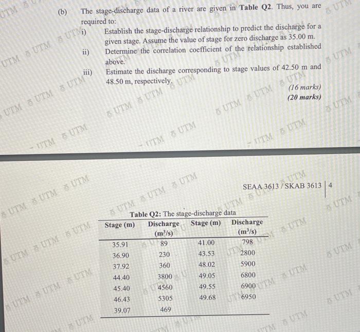 The Stage Discharge Data Of A River Are Given In Table Q2 Thus You Are Required To I Establish The Stage Discharge R 1
