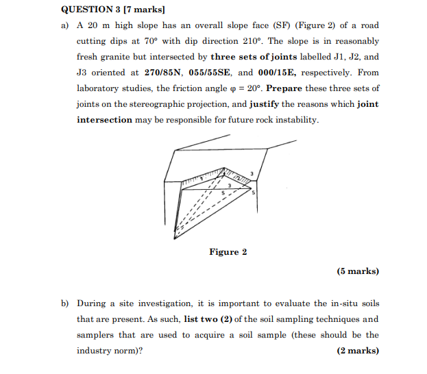 Question 3 7 Marks A A 20 M High Slope Has An Overall Slope Face Sf Figure 2 Of A Road Cutting Dips At 70 With D 1