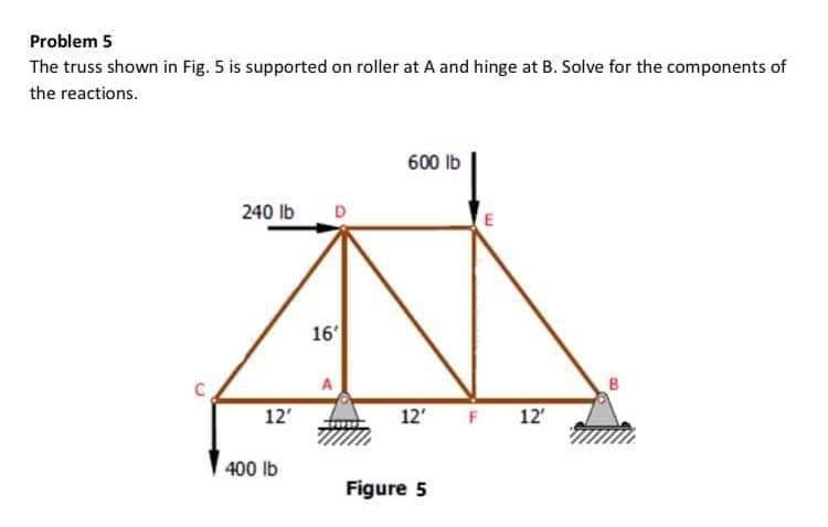 Problem 5 The Truss Shown In Fig 5 Is Supported On Roller At A And Hinge At B Solve For The Components Of The Reaction 1