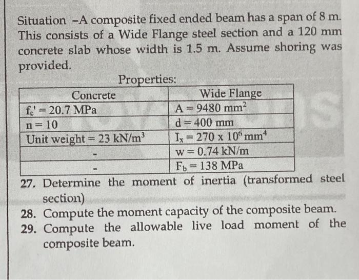 Situation A Composite Fixed Ended Beam Has A Span Of 8 M This Consists Of A Wide Flange Steel Section And A 120 Mm Co 1