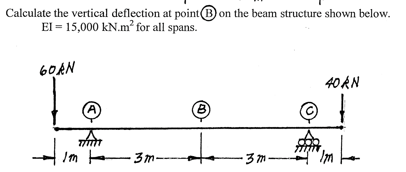 Calculate The Vertical Deflection At Point B On The Beam Structure Shown Below Ei 15 000kn M2 For All Spans 1