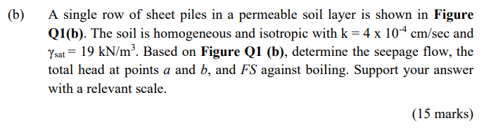 A Single Row Of Sheet Piles In A Permeable Soil Layer Is Shown In Figure Q1 B The Soil Is Homogeneous And Isotropic Wi 1