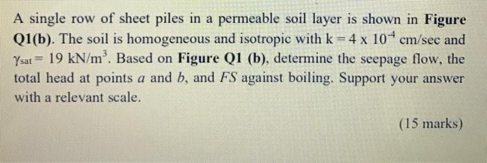 A Single Row Of Sheet Piles In A Permeable Soil Layer Is Shown In Figure Q1 B The Soil Is Homogeneous And Isotropic Wi 1