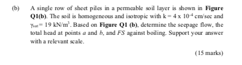 A Single Row Of Sheet Piles In A Permeable Soil Layer Is Shown In Figure Q1 B The Soil Is Homogeneous And Isotropic Wi 1