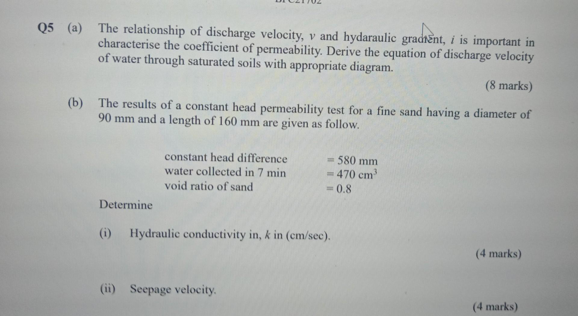 A The Relationship Of Discharge Velocity V And Hydaraulic Gradtent I Is Important In Characterise The Coefficient Of 1