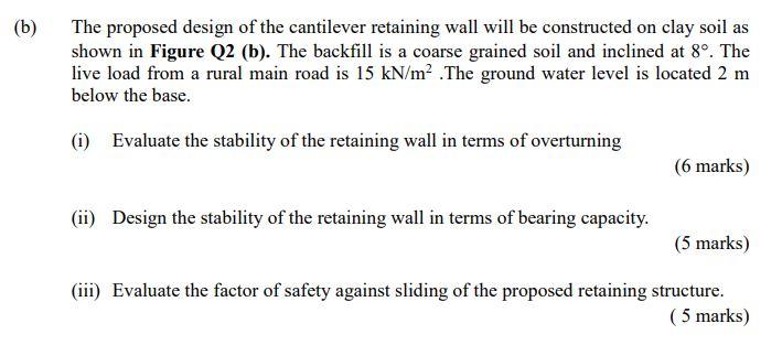 The Proposed Design Of The Cantilever Retaining Wall Will Be Constructed On Clay Soil As Shown In Figure Q2 B The Bac 1
