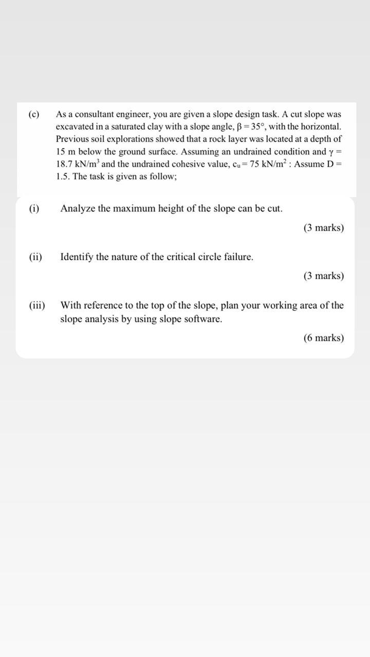 C As A Consultant Engineer You Are Given A Slope Design Task A Cut Slope Was Excavated In A Saturated Clay With A Sl 1