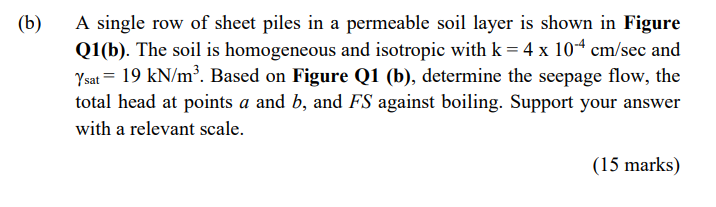 A Single Row Of Sheet Piles In A Permeable Soil Layer Is Shown In Figure Q1 B The Soil Is Homogeneous And Isotropic Wi 1