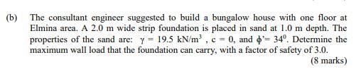B The Consultant Engineer Suggested To Build A Bungalow House With One Floor At Elmina Area A 2 0 M Wide Strip Foundat 1