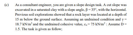 As A Consultant Engineer You Are Given A Slope Design Task A Cut Slope Was Excavated In A Saturated Clay With A Slope 1