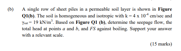 A Single Row Of Sheet Piles In A Permeable Soil Layer Is Shown In Figure Q1 B The Soil Is Homogeneous And Isotropic Wi 1