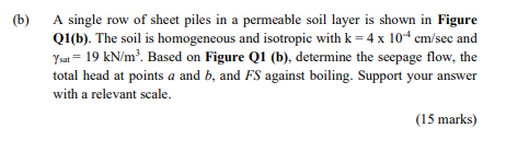 A Single Row Of Sheet Piles In A Permeable Soil Layer Is Shown In Figure Q1 B The Soil Is Homogeneous And Isotropic Wi 1
