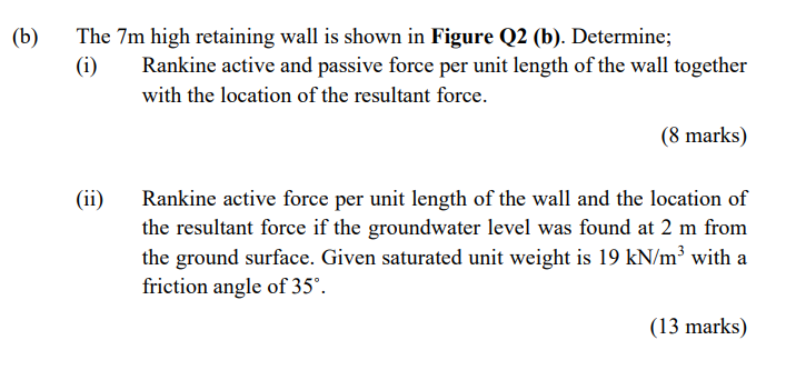 The 7 M High Retaining Wall Is Shown In Figure Q2 B Determine I Rankine Active And Passive Force Per Unit Length O 1
