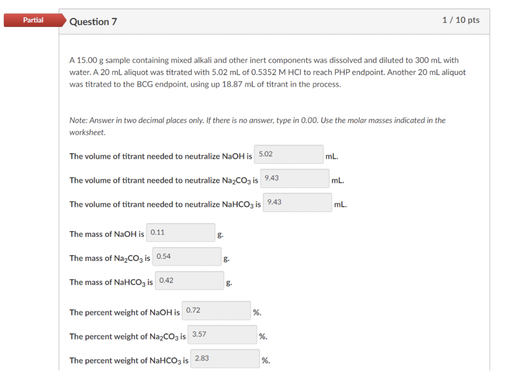 Partial Question 7 1 10 Pts A 15 00 G Sample Containing Mixed Alkali And Other Inert Components Was Dissolved And Dilu 1