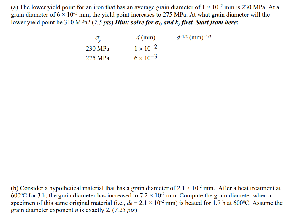 A The Lower Yield Point For An Iron That Has An Average Grain Diameter Of 1 10 2 Mm Is 230mpa At A Grain Diameter Of 1