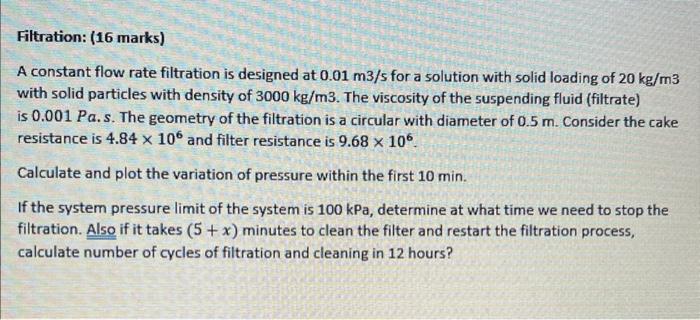 A Constant Flow Rate Filtration Is Designed At 0 01 M3 S For A Solution With Solid Loading Of 20 Kg M3 With Solid Partic 1