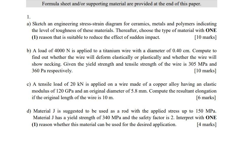 1 A Sketch An Engineering Stress Strain Diagram For Ceramics Metals And Polymers Indicating The Level Of Toughness Of 1