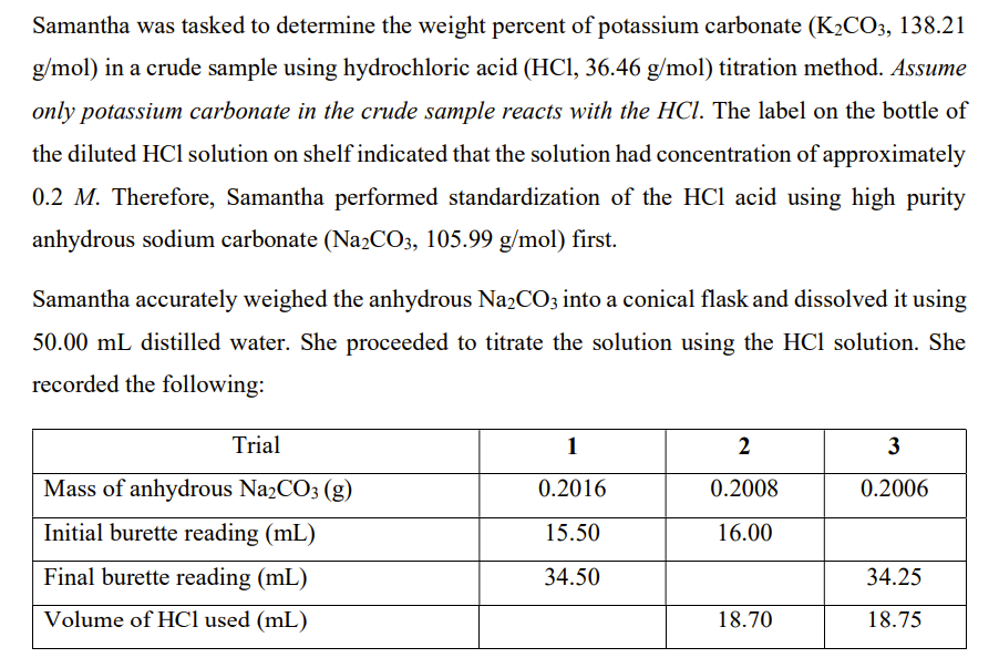 Samantha Was Tasked To Determine The Weight Percent Of Potassium Carbonate K2 Co3 138 21 G Mol In A Crude Sample Usin 1