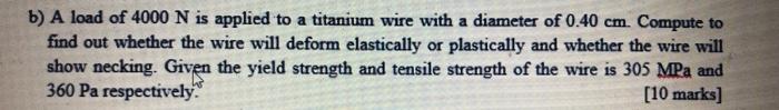B A Load Of 4000 N Is Applied To A Titanium Wire With A Diameter Of 0 40 Cm Compute To Find Out Whether The Wire Will 1