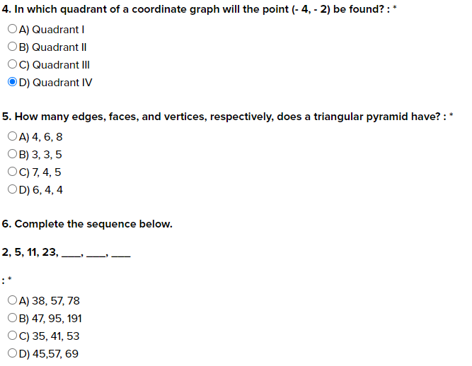 4 In Which Quadrant Of A Coordinate Graph Will The Point 4 2 Be Found A Quadrant I B Quadrant Ii C Quadrant 1
