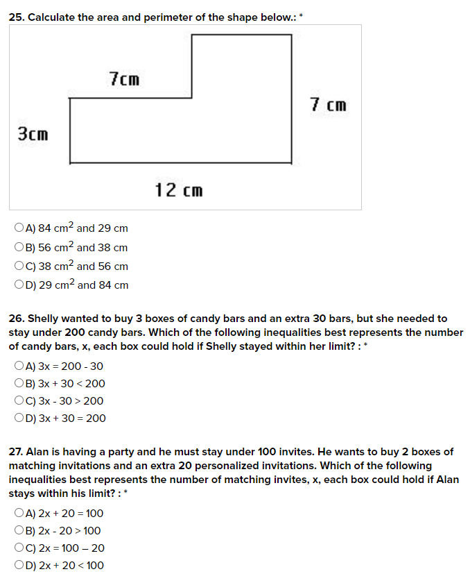 25 Calculate The Area And Perimeter Of The Shape Below A 84 Cm2 And 29 Cm B 56 Cm2 And 38 Cm C 38 Cm2 And 56 Cm 1