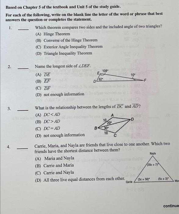 Based On Chapter 5 Of The Textbook And Unit 5 Of The Study Guide For Each Of The Following Write On The Blank Line The 1