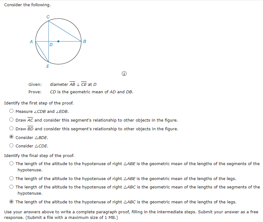 Consider The Following I Given Diameter Ab Ce At D Prove Cd Is The Geometric Mean Of Ad And Db Identify The First 1