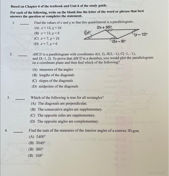 Based On Chapter 6 Of The Textbook And Unit 6 Of The Study Guide For Each Of The Following Write On The Blank Line The 1