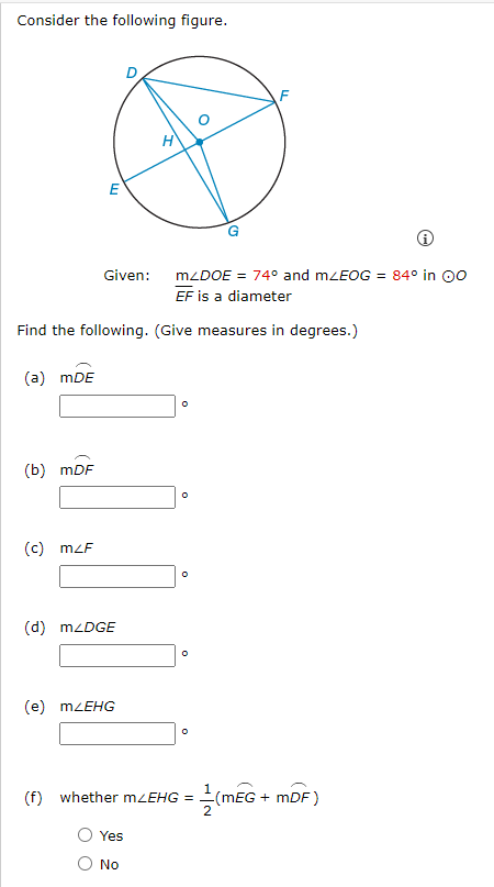 Consider The Following Figure I Find The Following Give Measures In Degrees A Mde B Mdf 0 C M F 0 D M Dge 1
