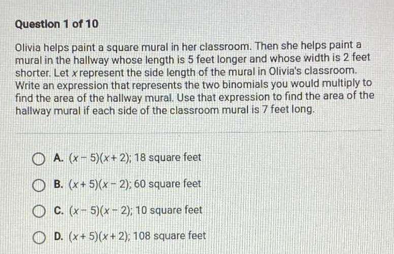 Olivia Helps Paint A Square Mural In Her Classroom Then She Helps Paint A Mural In The Hallway Whose Length Is 5 Feet L 1