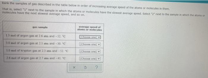 Rank The Samples Of Gas Described In The Table Below In Order Of Increasing Average Speed Of The Atoms Or Molecules In T 1