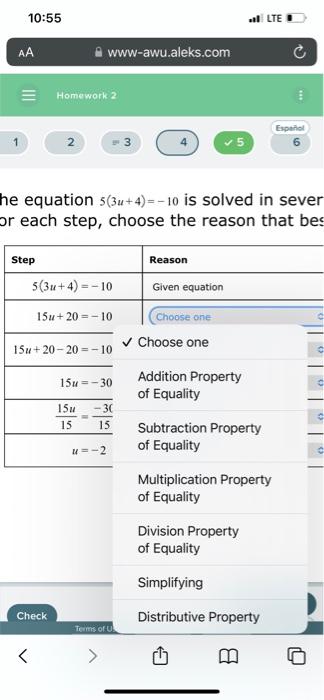The Equation 5 3u 4 10 Is Solved In Several Steps Below For Each Step Choose The Reason That Best Justifies It He E 2