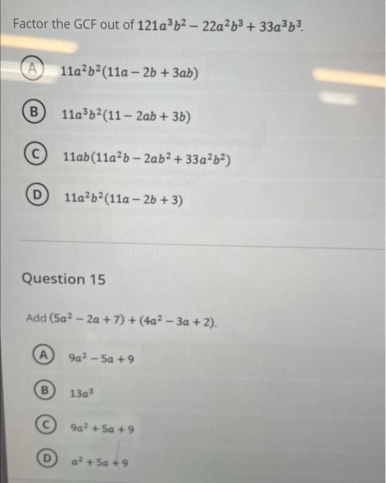 Factor The Gcf Out Of 121a3b2 22a2b3 33a3b3 11a2b2 11a 2b 3ab 11a3b2 11 2ab 3b 11ab 11a2b 2ab2 33a2b2 11a2b2 11a 2b 1