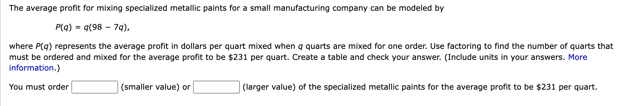 The Average Profit For Mixing Specialized Metallic Paints For A Small Manufacturing Company Can Be Modeled By P Q Q 98 1