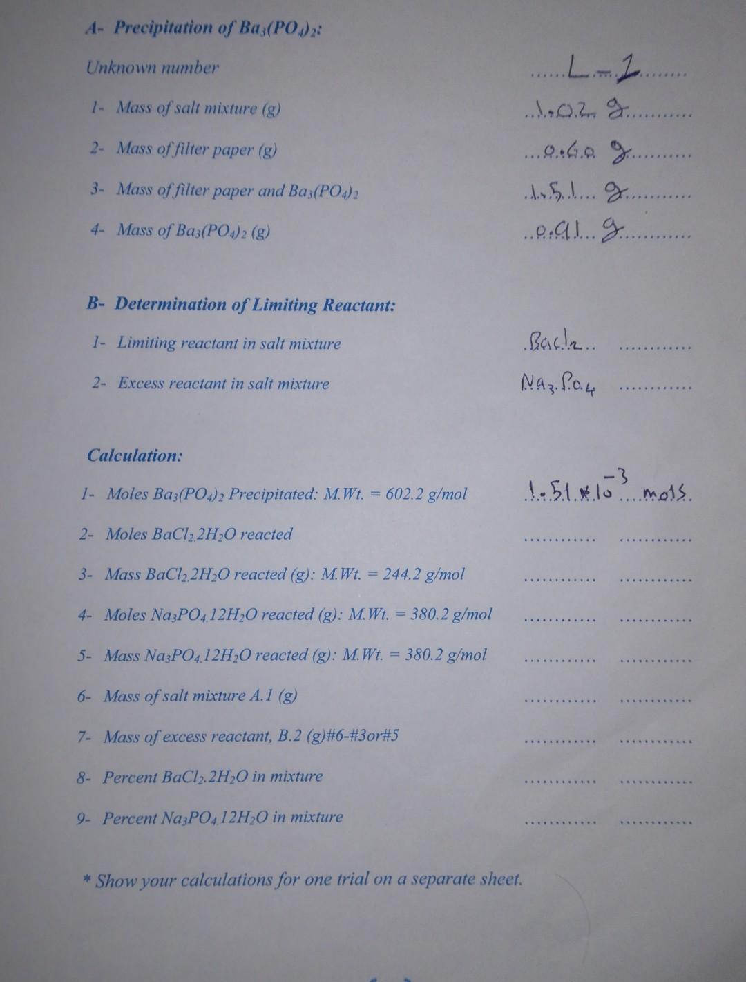 A Precipitation Of Baz Po Unknown Number Lit 1 Mass Of Salt Mixture G 0 2 2 Mass Of Filter Paper 1