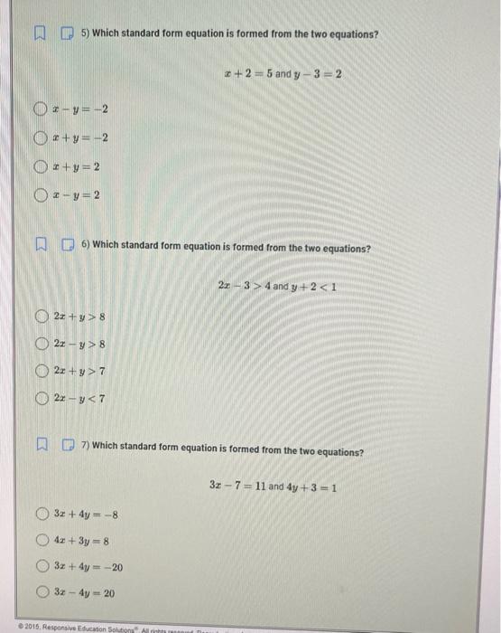 5 Which Standard Form Equation Is Formed From The Two Equations X 2 5 And Y 3 2 X Y 2x Y 2x Y 2x Y 2 6 Which Stand 1