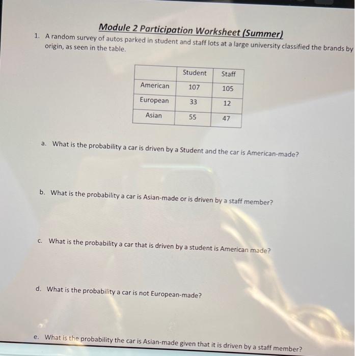 Module 2 Participation Worksheet Summer 1 A Random Survey Of Autos Parked In Student And Staff Lots At A Large Univer 1