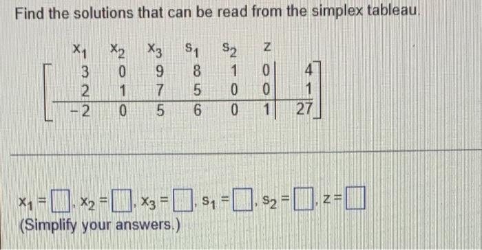 Find The Solutions That Can Be Read From The Simplex Tableau X1 32 2 X2 010 X3 975 S1 856 S2 100 Z001 4127 X1 1