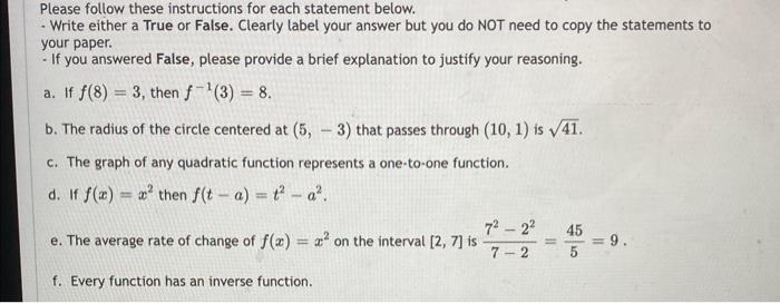 Please Follow These Instructions For Each Statement Below Write Either A True Or False Clearly Label Your Answer But 1